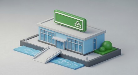 An isometric illustration of a retro-style restaurant or shop with a red and yellow design.