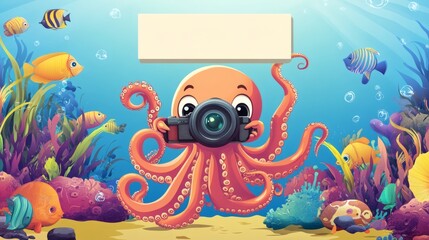 Fototapeta premium An octopus is holding a camera underwater with colorful fish