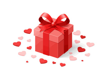 Elegant Red Gift Box with Ribbon Bow Surrounded by Hearts, Perfect for Love and Special Occasions