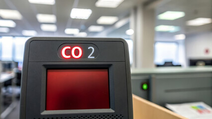 CO2 Levels concept ,Carbon monoxide monitor showing red alert in modern office environment with blurred background
