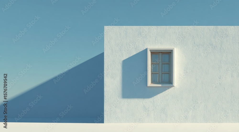 Fototapete a minimalist digital rendering depicts a single window on a white wall, casting a shadow against a p