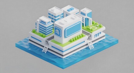 An isometric illustration of a modern building surrounded by water, with a blank sign on the roof.