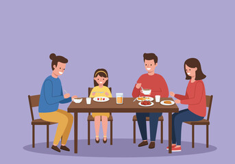 Illustration of a Family Meal Parents and Child Eating Together at Table, Sharing Food and Enjoying Quality Time