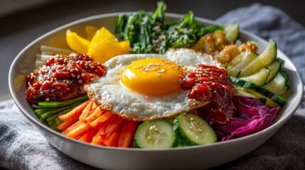 Colorful Bowl of Bibimbap with Egg and Fresh Vegetables