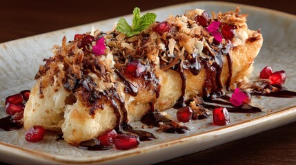 Dessert with Chocolate Syrup and Pomegranate