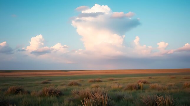 Golden grasslands under monumental clouds glow