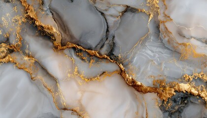 Abstract image showcasing a swirling blend of gray and white, accented by intricate gold veining, resembling luxurious marble