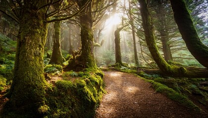 Obraz premium enchanted forest path a mystical journey through dense green woods