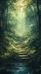 Enchanted Forest Path Golden Sunlight on Stone Steps and Flowing Water
