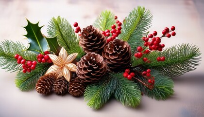 festive winter floral arrangement with pinecones and holly