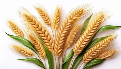 golden wheat stalks with green leaves isolated on white background
