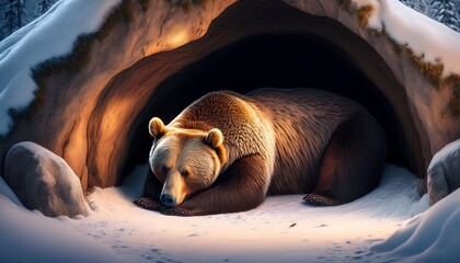 illustration of a bear hibernating in a cave