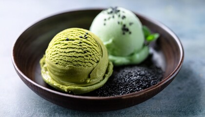 matcha and black sesame japanese ice cream in artisanal presentation offering a unique cultural spin for world ice cream day celebration