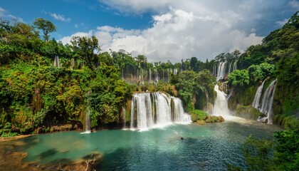 majestic waterfall with multiple cascades in lush tropical landscape serene natural wonder partly cloudy sky