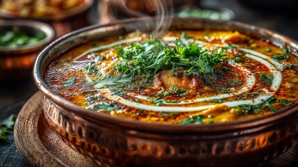 Steaming Vegetable Korma in a Copper Bowl with Cashews and Herbs