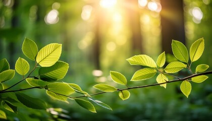 sunlit green leaves in a dense forest with soft blurred background detailed close up natural scenery of woods outdoors freshness and