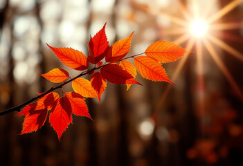 Obraz premium Backlit Autumn Leaves with Radiant Sunburst in Forest