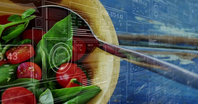 First frame HUD panels hovering above bowl with tomatoes basil, expanding sliding for data scanning