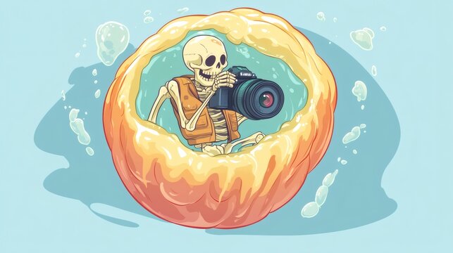 A skeleton is holding a camera inside a quirky background design