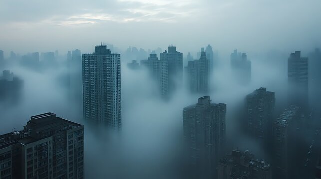 Fog Enshrouds Cityscape, Urban View with Buildings