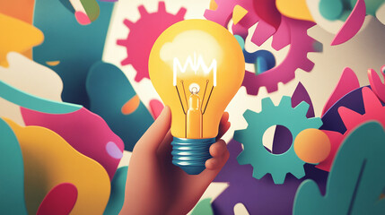 A close-up of a person’s hand holding a light bulb surrounded by colorful gears and abstract shapes, symbolizing the spark of creativity and the turning of ideas into innovation