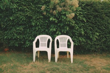 Two white plastic chairs sit side-by-side on a short-cut lawn before a dense, leafy green hedge.  The scene is peaceful and slightly nostalgic