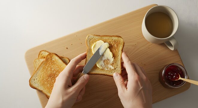 Hands spreading butter on toast with a knife, near coffee and jam.