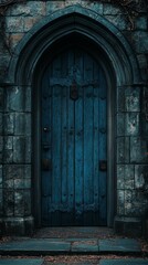 Fototapeta premium Old Dark Blue Gothic Door in Stone Arched Entryway of Historic Building