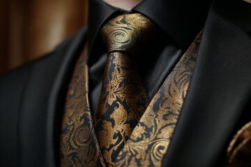 Elegant close-up of luxurious brocade tie and waistcoat on black suit