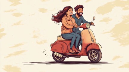 A joyful couple riding together on a vintage motor scooter
