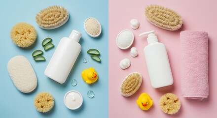 Flat Lay of Spa Accessories on Blue and Pink Colored Backgrounds variation 3