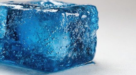 Close-up of a translucent, blue, cube-shaped object with small bubbles trapped inside, resting on a light gray surface.  The object appears wet or glossy
