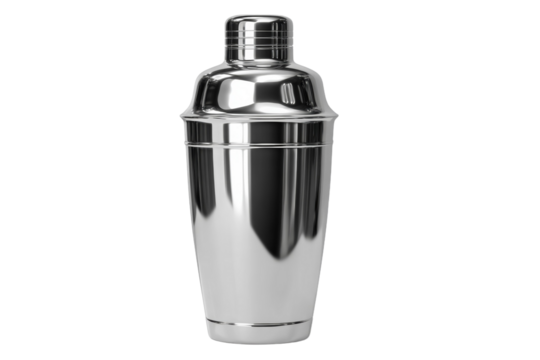 A silver cocktail shaker with a silver lid