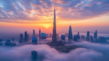 Obraz premium Dubai Skyline at Sunrise Emerging from the Fog