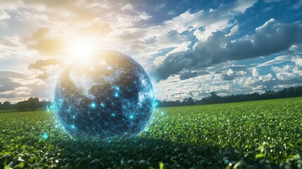 Glowing globe with connected lights over a green field setting
