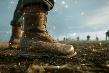 Close-up of worn leather boots walking on soil, overlaid with a network of glowing lines, a blurred group of figures in the background suggesting a battle scene or conflict