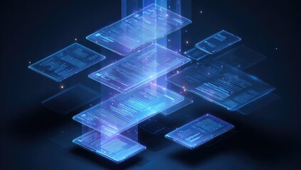 Holographic displays of data streams intersect and overlap, creating a dynamic and complex visualization of interconnected information