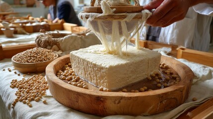 Traditional Tofu Production Process with Cheesecloth and Draining Whey