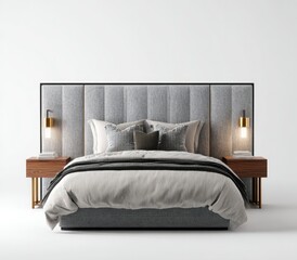 A minimalist bedroom set featuring a gray upholstered bed with a tall, channeled headboard, flanked by matching nightstands with brass legs and wall-mounted lights