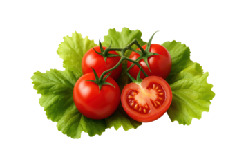 Fresh Red Tomatoes on Vine with Sliced Tomato and Crisp Green Lettuce Leaves for Salad or Cooking, Isolated on Transparent and White Background