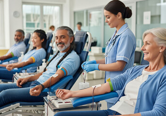 Diverse people donating blood in a medical setting, supported by a healthcare professional.
