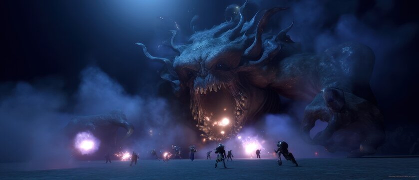 Epic mmo raid encounter with multiple players casting spells against a colossal boss monster
