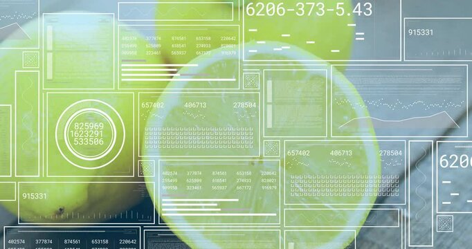 AR scan initiating with fading grid, HUD panels cycling codes, analyzing lemon half on wooden board