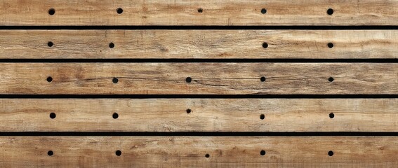 Fototapeta premium Horizontal arrangement of five weathered, light brown wooden planks, each exhibiting a consistent pattern of small, evenly spaced circular holes