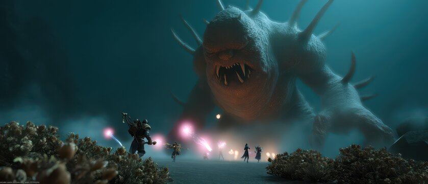 Epic fantasy adventure with mmo raid boss battle and multiple players casting spells