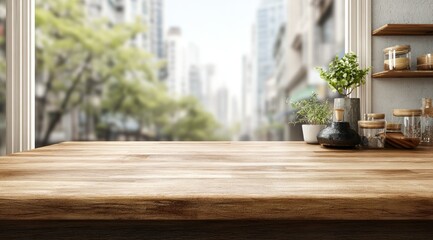 A close-up of a rustic wooden countertop, blurred city backdrop.  Plants and jars subtly decorate a nearby shelf