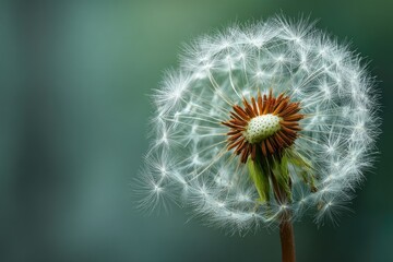 Close-up of a dandelion seed head against a blurred green background, showcasing intricate details of the seeds and stem