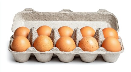 A carton of a dozen light-brown eggs sits open against a white background.  The carton is made of light grey cardboard
