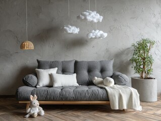 A gray fabric daybed with wooden legs sits against a textured wall, adorned with fluffy cloud decorations and soft cushions. A small plant and a woven pendant light complement the serene scene