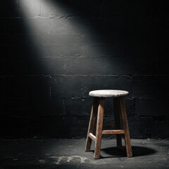 A spotlight illuminates a simple wooden stool positioned against a dark cinder block wall. The scene is moody and minimalist